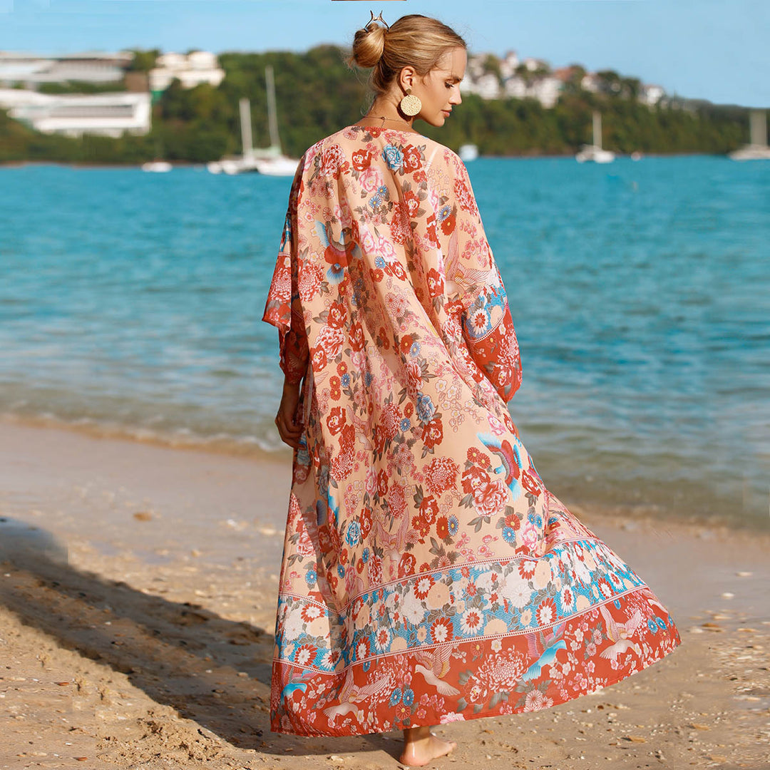 Damen floraler Strandkimono mit weit geschnittenen Ärmel R&B