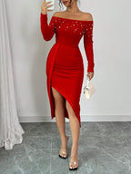 Damen Off-Shoulder Kleid mit eleganten Raffungseffekten und glitzernden Akzenten R&B