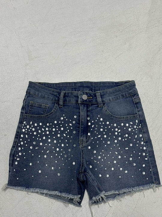 Damen Designer-Shorts mit funkelnden Strass-Steinen und fransigem Saum R&B