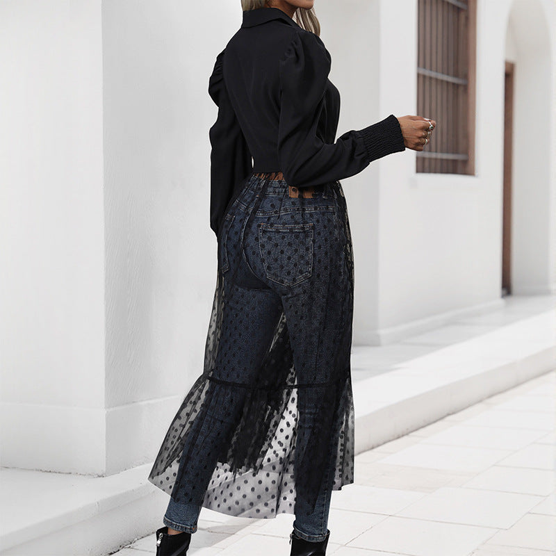 Damen elegantes Maxikleid mit transparenter Überlagerung und taillierbarem Gürtel R&B