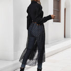 Damen elegantes Maxikleid mit transparenter Überlagerung und taillierbarem Gürtel