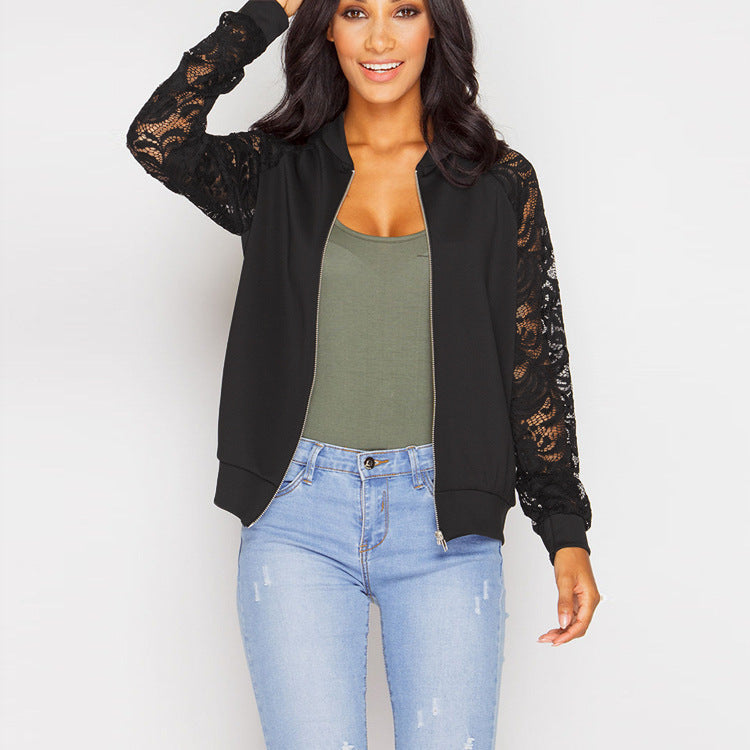 Damen Sportliche Bomberjacke mit Spitzenärmel R&B