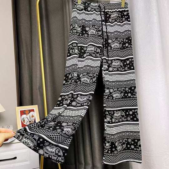 Damen Lässige Palazzo-Hose mit Elefantenmuster und elastischem Bund R&B