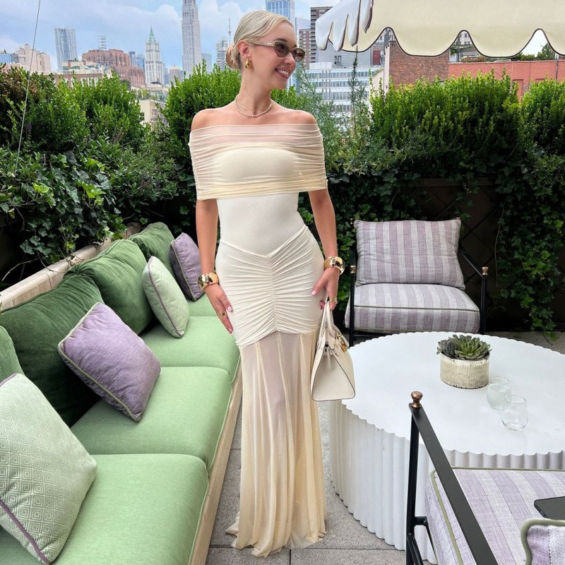 Damen Elegantes Maxi-Kleid mit schulterfreiem Design und Raffungen R&B