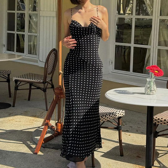Damen Maxikleid mit feinem Punktmuster und Spaghettiträgern R&B