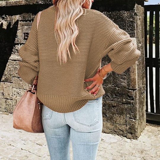 Damen Grobstrickpullover mit hohem Kragen und lässigen Ärmeln R&B