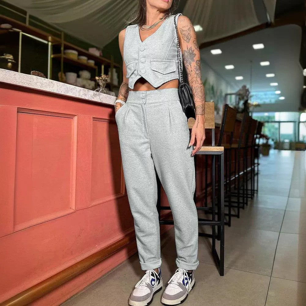 Damen modisches Zweiteiler-Set mit Knopfleisten und hoher Taille R&B