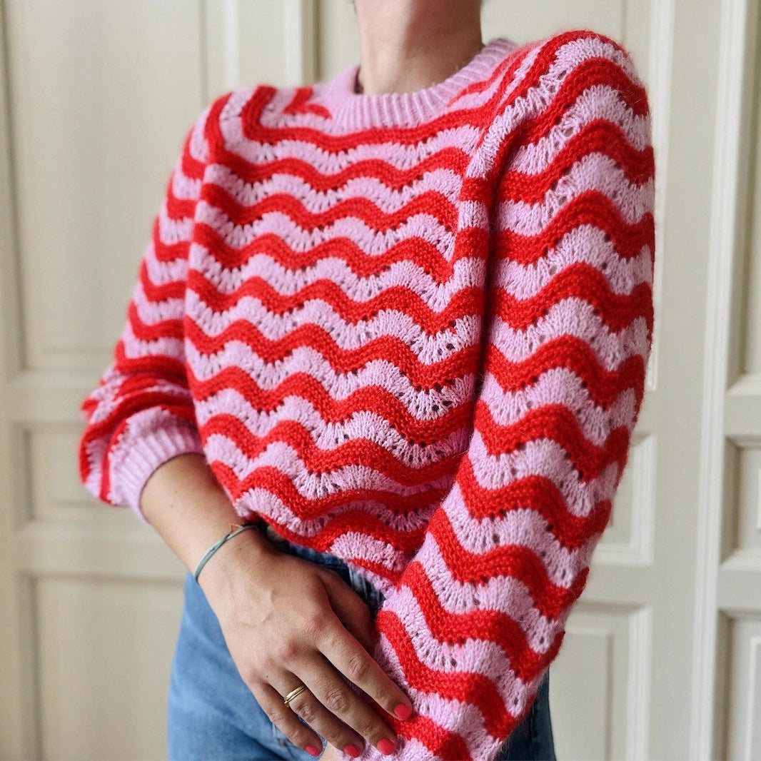 Damen Strickpullover mit wellenförmigem Muster und großzügigem Schnitt R&B
