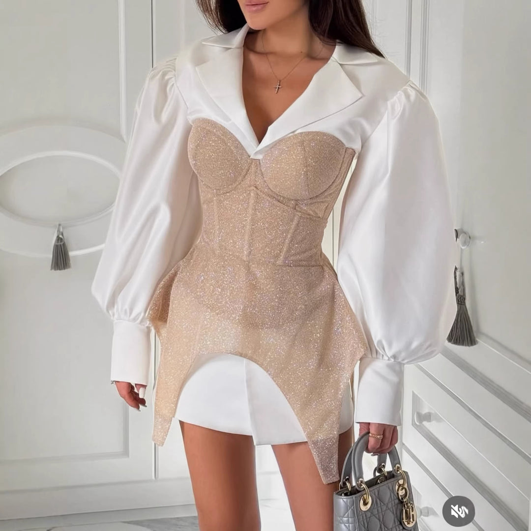 Damen Glamouröses Bustierkleid mit Puffärmeln und eleganten Details R&B