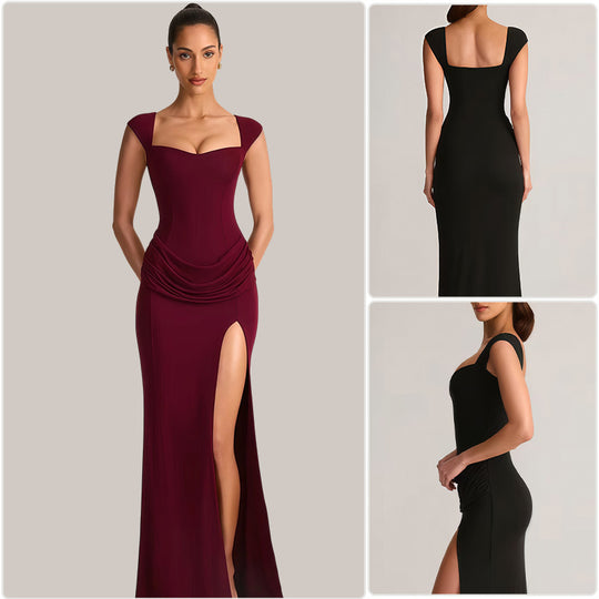Damen Elegantes Maxikleid mit tiefem V-Ausschnitt und seitlichem Schlitz R&B
