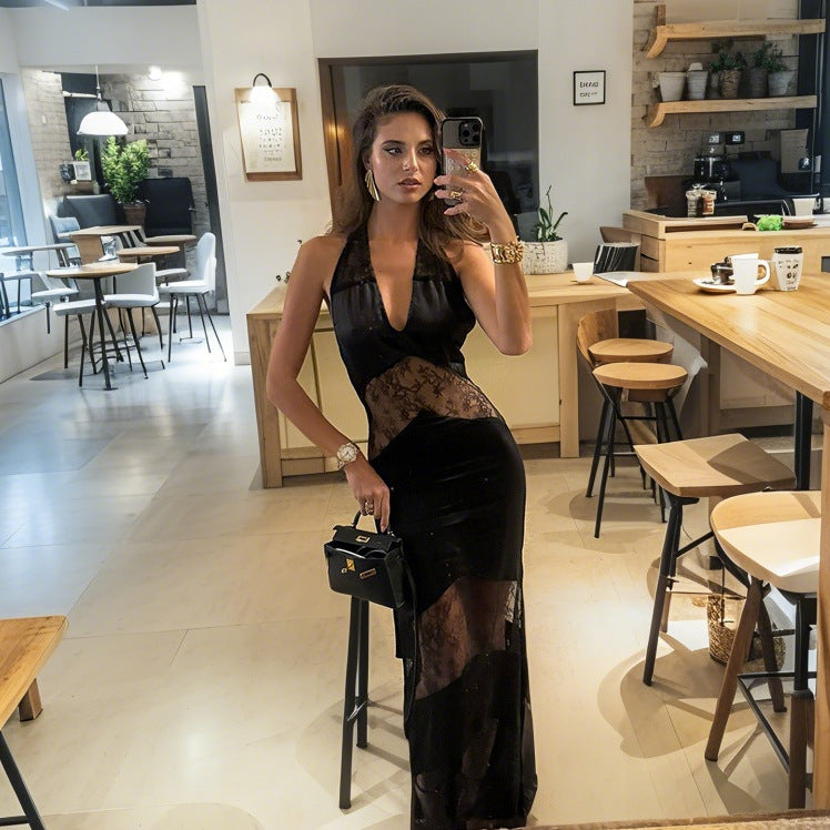 Damen Transparentes Spitzen-Maxikleid mit tiefem V-Ausschnitt und eleganter Silhouette R&B