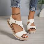 Damen bequeme Keilsandalen mit verstellbarem Riemen und Bastdetails R&B