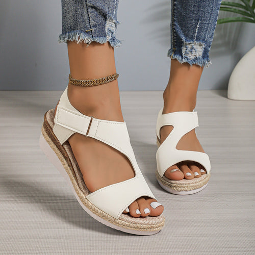 Damen bequeme Keilsandalen mit verstellbarem Riemen und Bastdetails R&B