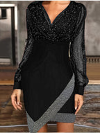 Damen Elegantes Wickelkleid mit funkelnden Details und transparenten Ärmeln