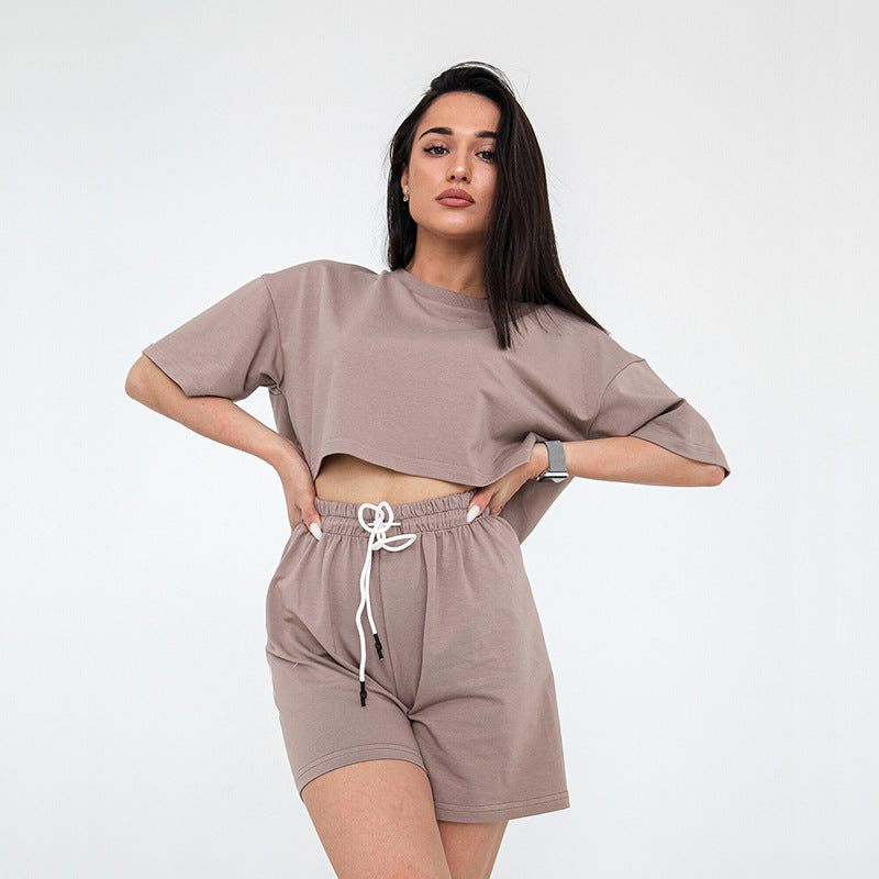 Damen lässiges Crop-Top und Shorts-Set mit elastischem Bund R&B