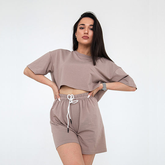 Damen lässiges Crop-Top und Shorts-Set mit elastischem Bund R&B