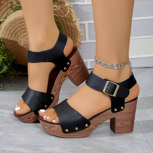 Damen Plattform-Sandalen mit breiten Riemen und Holz-Effekt R&B