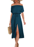 Damen Off-Shoulder Maxikleid mit Taillengürtel und seitlichem Schlitz R&B