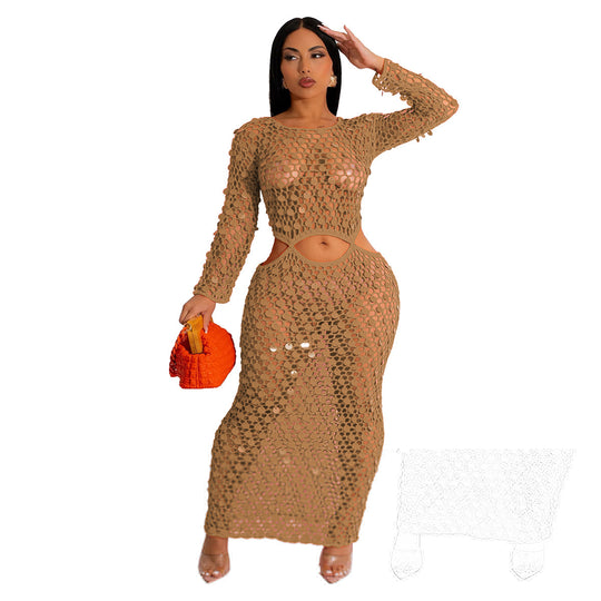 Damen Maxi-Kleid aus transparentem Häkelmaterial mit Cut-Out-Details R&B