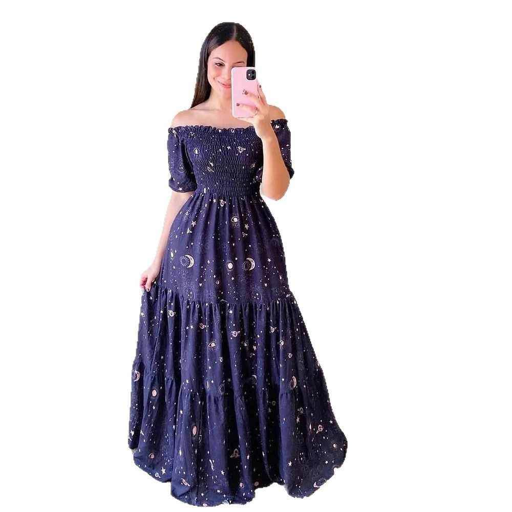 Damen Boho Maxikleid mit bezauberndem Mond- und Sternen-Motiv R&B