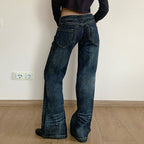 Damen Weite Jeans im Vintage-Stil mit hohem Bund und modischen Steppnähten R&B