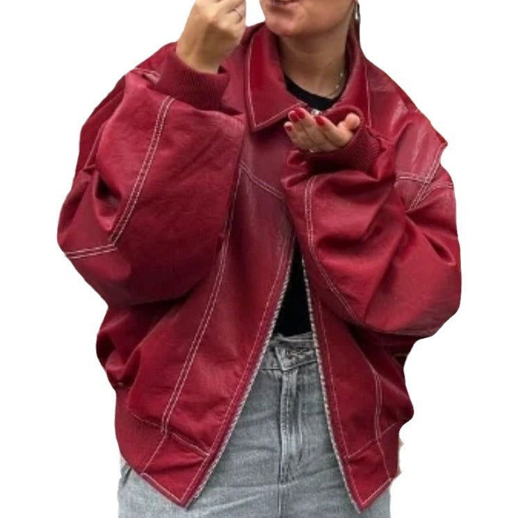 Damen Kunstlederjacke mit praktischen Taschen und elastischem Bund R&B