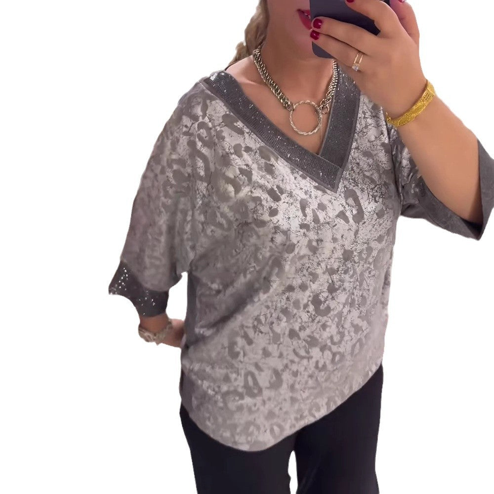 Damen nan schimmerndes Jacquard-Blusenshirt mit V-Passe in Schmuckoptik und dreiviertelärmeln R&B