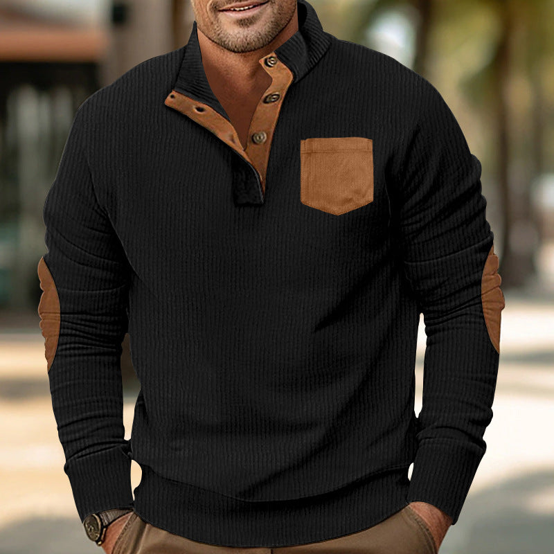 Herren eleganter Strickpullover mit Knopfleiste und kontrastierenden Ellbogenpatches R&B
