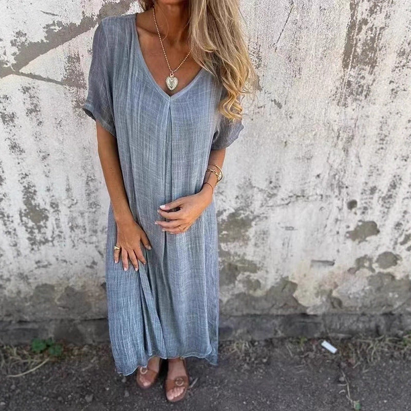 Damen lässiges Maxikleid aus leichtem Stoff mit V-Ausschnitt und kurzem Arm R&B