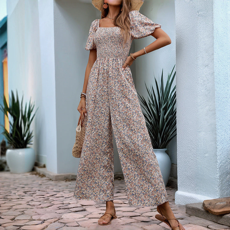 Damen farbenfrohes Blumensommeroverall mit Puffärmeln R&B