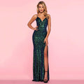 Damen Glamouröses Pailletten Abendkleid mit sexy Schlitz und Spaghetti-Trägern R&B