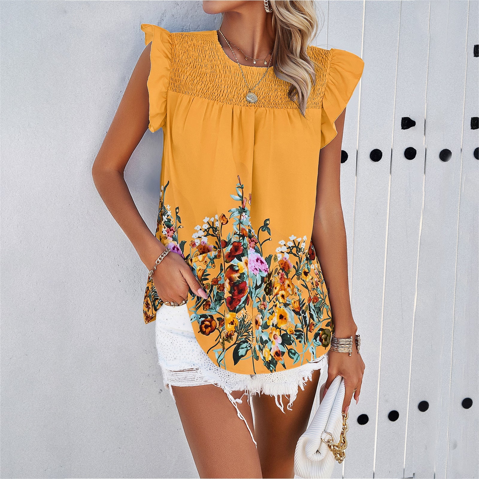 Damen Bluse mit floralen Akzenten und Rüschendetails R&B