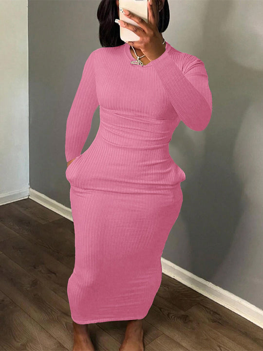 Damen Figurbetontes Rippkleid mit langem Arm und eleganter Silhouette R&B