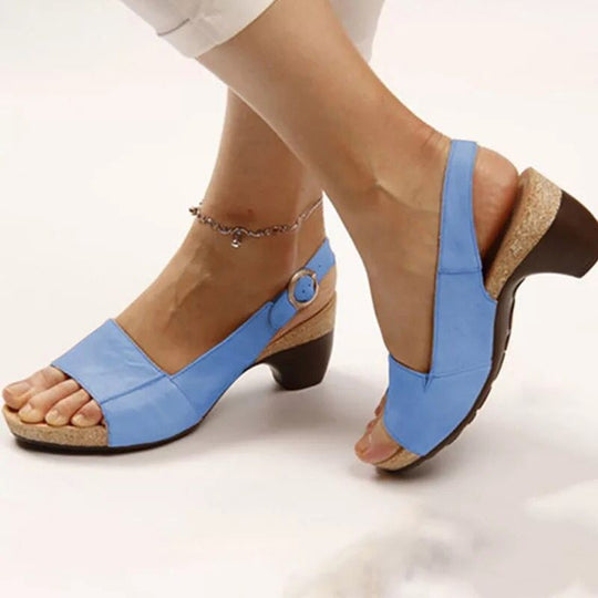 Damen nan Sandalette mit elastischem Fersenriemen ergonomischem Kork-Komfortfußbett und niedrigem geschwungenem Absatz R&B
