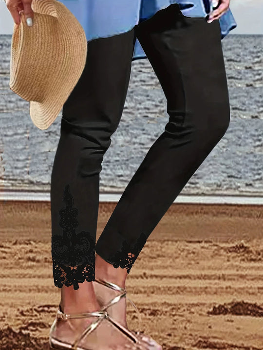 Damen Leggings mit spitzenbesetztem Saum und elastischem Bund R&B