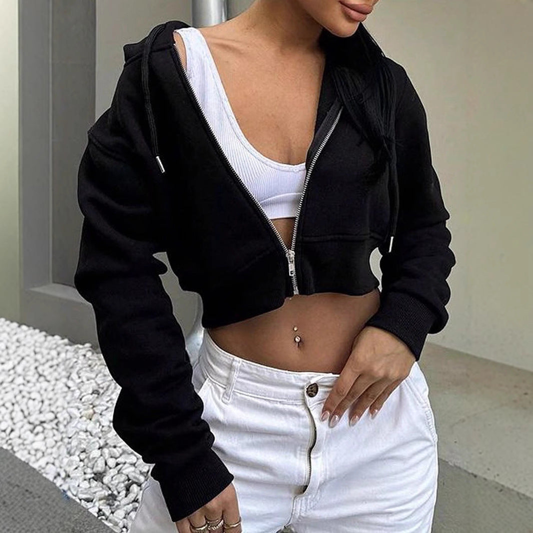 Damen cropped Kapuzenpullover mit Reißverschluss und sportlichem Design R&B