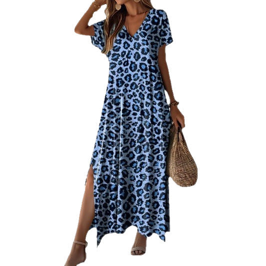 Damen Maxikleid im modernen Leopardenmuster mit seitlichen Schlitzen und V-Ausschnitt R&B
