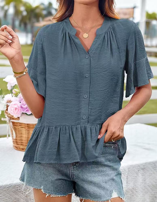 Damen Bluse mit Rüschenschößchen und halblangen Ärmeln R&B
