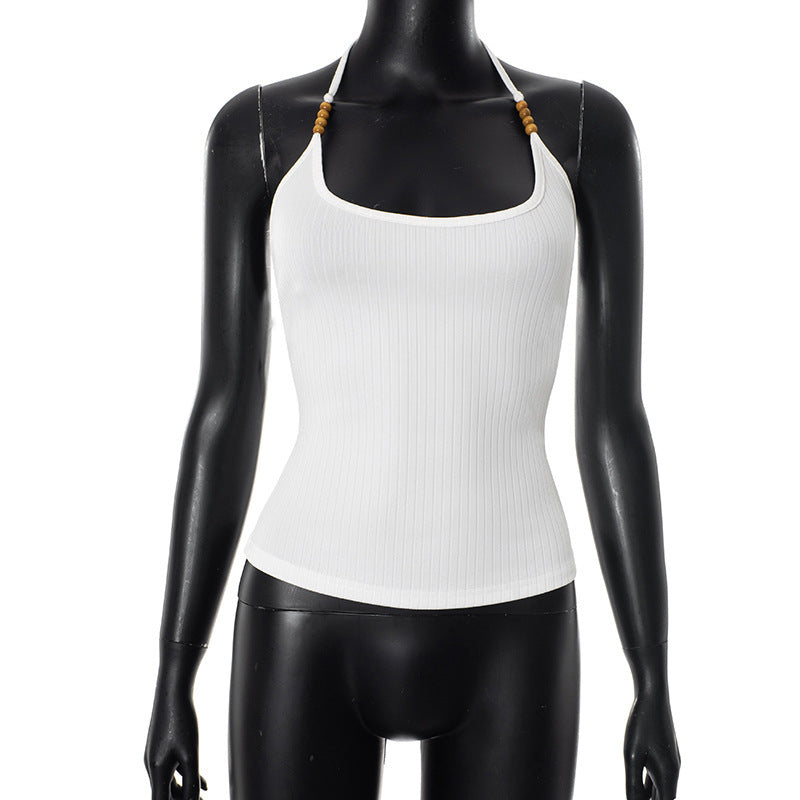 Damen Neckholder-Top aus hochwertigem Rib-Material mit dekorativen Holzakzenten R&B