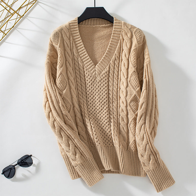 Damen modischer Strickpullover mit tiefem V-Ausschnitt und Zopfmuster