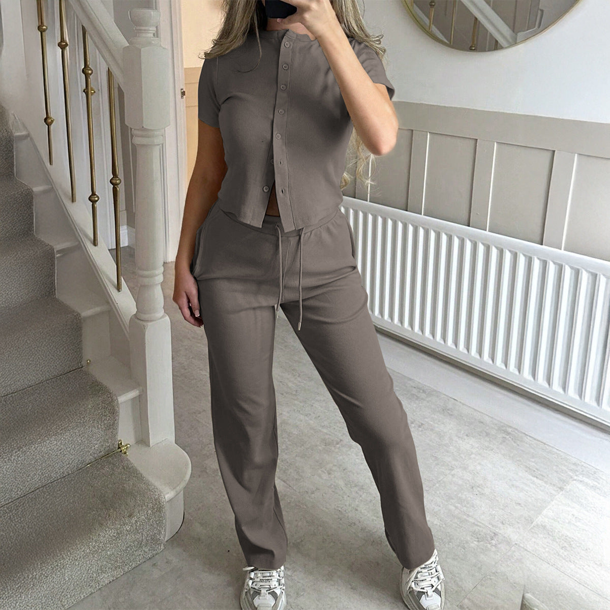 Damen Bequemes Zweiteiliges Set mit Kurzarmoberteil und lockerer Hose R&B