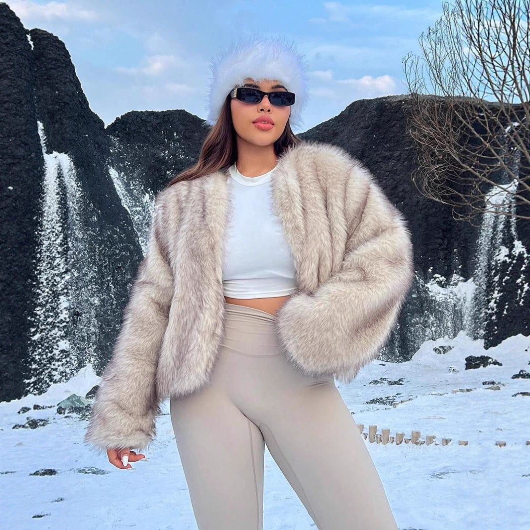 Damen Trendige und flauschige Kunstpelzjacke R&B