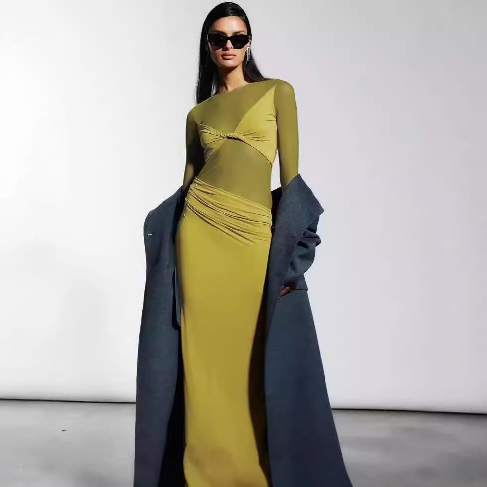 Damen Elegantes Maxikleid mit transparenten Einsätzen und Raffung R&B