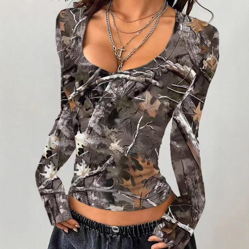 Damen Camouflage Langarmshirt mit V-Ausschnitt und modernen Details R&B