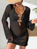 Damen Häkel-Strandkleid mit tiefem V-Ausschnitt und eleganten Knöpfen R&B