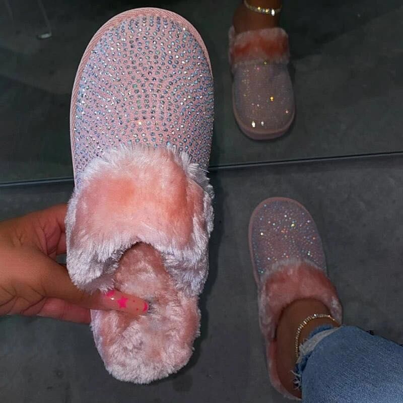 Damen Glamouröse Hausschuhe mit Glitzer und weichem Fell R&B