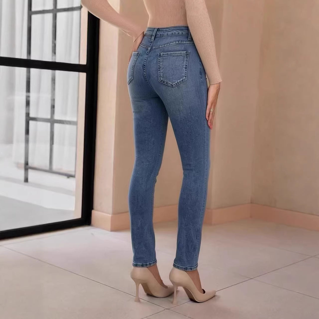 Damen Slim-Fit Jeans mit eleganter Knopfleiste und hohem Bund R&B