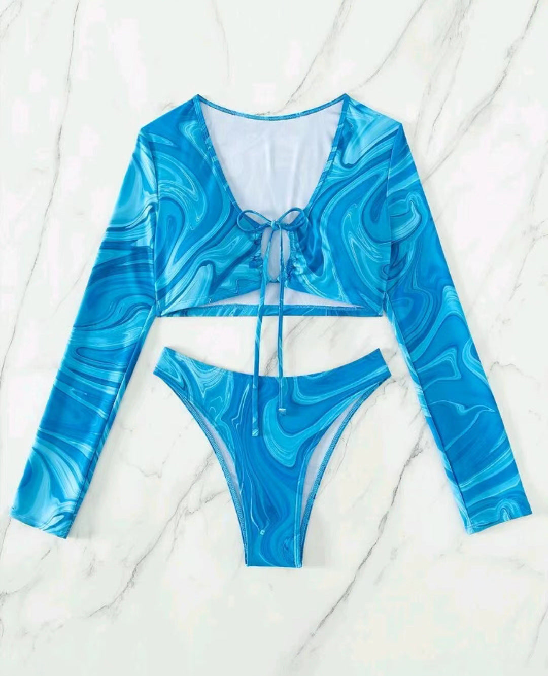 Damen Surf-Bikini-Set mit langärmligem Crop-Top und hochgeschnittenen Unterteilen R&B