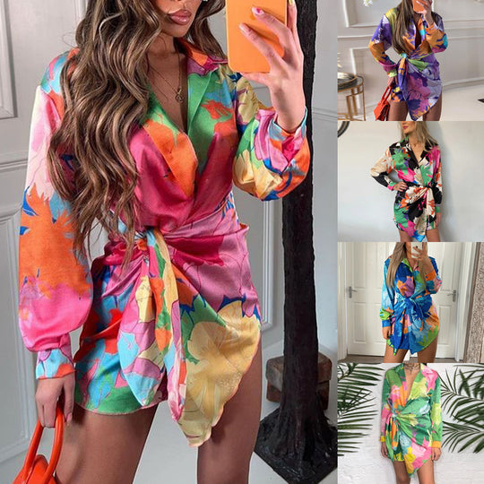 Damen Hemdblusenkleid im innovativen Wickeldesign mit buntem Floral-Muster R&B