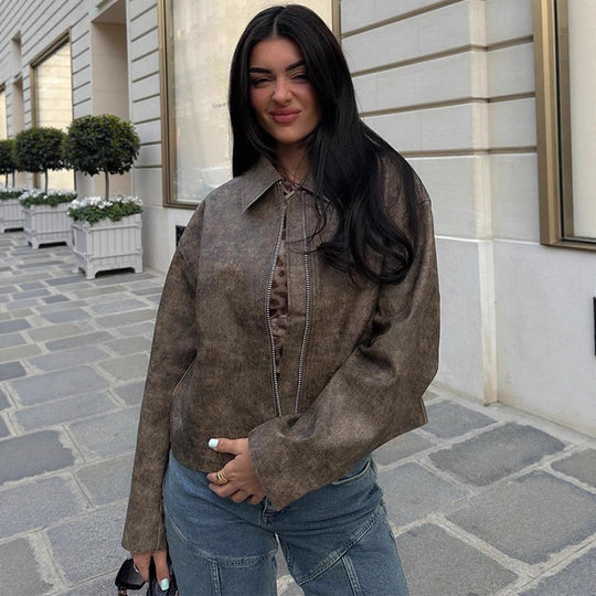 Damen Kunstlederjacke mit asymmetrischem Schnitt und praktischem Reißverschluss R&B